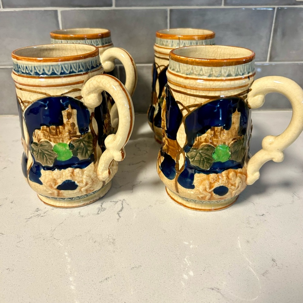 4 Ceramic Beer Steins with Blue and Green historical style vintage made in Japan